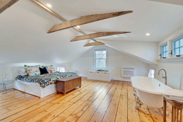 Bathroom, Free Standing Baths, Interior, Recessed Lighting, Wooden Beams, Wood Texture Flooring