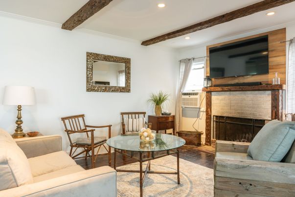 Fireplace, Interior, Living room, Recessed Lighting, Wooden Beams, Wood Texture Flooring