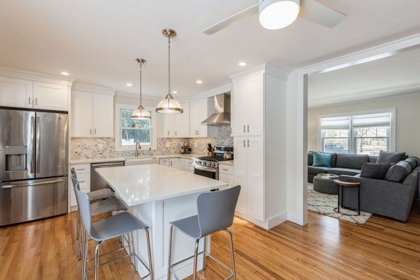 Interior, Kitchen, Living room, Pendant Lights, Recessed Lighting, Stainless Steel Appliances, Wood Texture Flooring