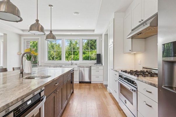 Interior, Kitchen, Pendant Lights, Recessed Lighting, Stainless Steel Appliances, Wood Texture Flooring