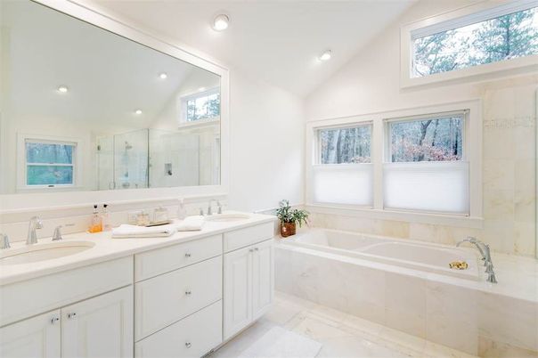 Bathroom, Dual Sink Vanities, Interior, Marble, Recessed Lighting