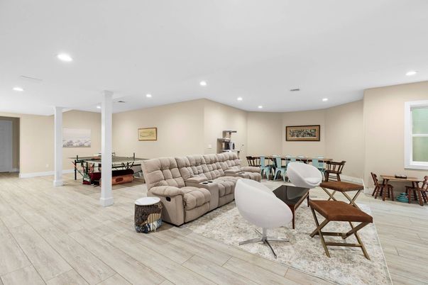 Dining room, Interior, Living room, Recessed Lighting, Wood Texture Flooring