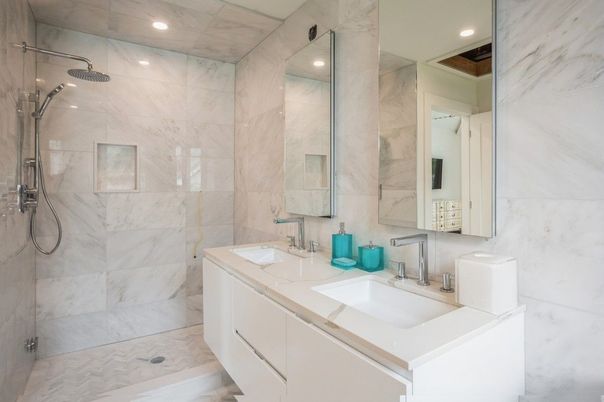 Bathroom, Dual Sink Vanities, Glass Shower, Interior, Marble Walls, Recessed Lighting