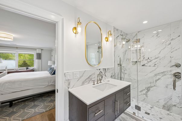 Bathroom, Bedroom, Glass Shower, Interior, Marble Walls, Recessed Lighting, Wood Texture Flooring