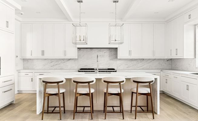 Interior, Kitchen, Marble Walls, Pendant Lights, Recessed Lighting, Wood Texture Flooring