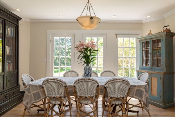 Dining room, Interior, Pendant Lights, Recessed Lighting, Wood Texture Flooring