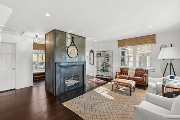 Fireplace, Interior, Living room, Recessed Lighting, Wood Texture Flooring