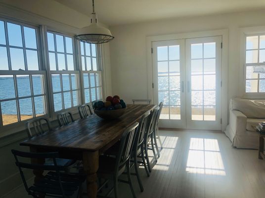 Dining room, Interior, Pendant Lights, Water, Wood Texture Flooring