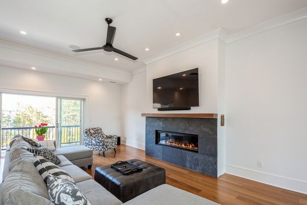Fireplace, Interior, Living room, Recessed Lighting, Wood Texture Flooring