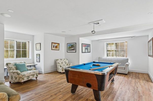 Billiard Table, Game Room, Interior, Recessed Lighting, Wood Texture Flooring