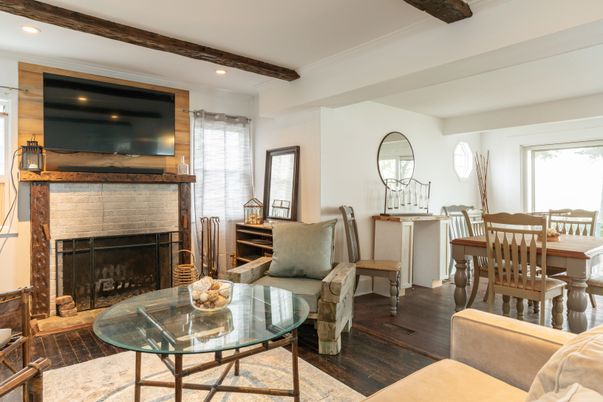Dining room, Fireplace, Interior, Recessed Lighting, Wooden Beams, Wood Texture Flooring