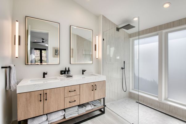 Bathroom, Dual Sink Vanities, Glass Shower, Interior, Recessed Lighting