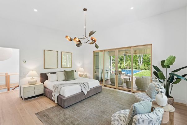 Bedroom, Interior, Pendant Lights, Recessed Lighting, Water, Wood Texture Flooring