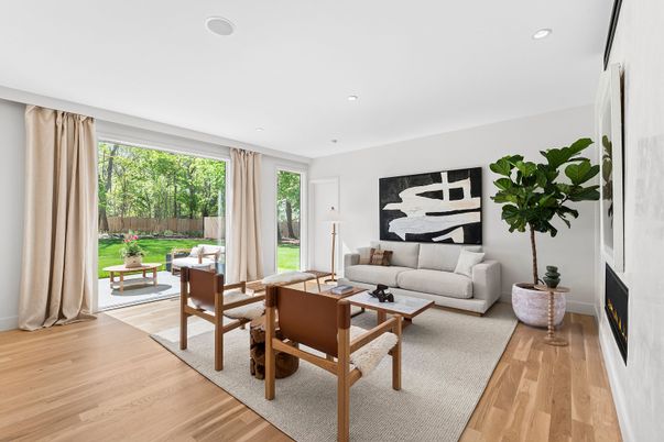 Dining room, Fireplace, Interior, Living room, Recessed Lighting, Wood Texture Flooring