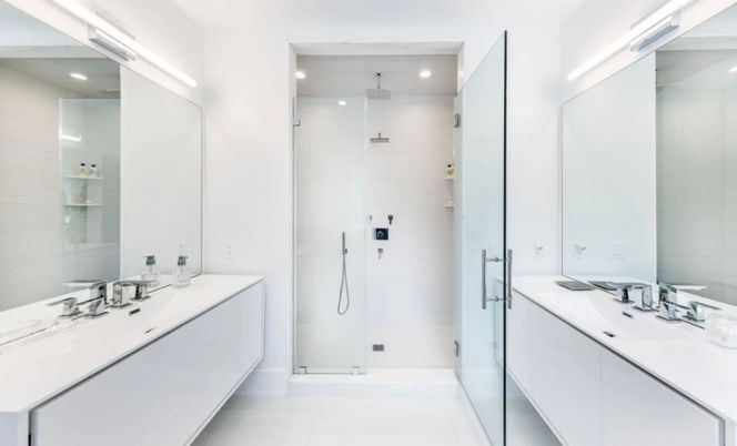 Bathroom, Dual Sink Vanities, Glass Shower, Interior, Recessed Lighting