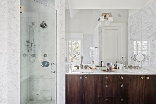 Bathroom, Dual Sink Vanities, Glass Shower, Interior, Marble Walls