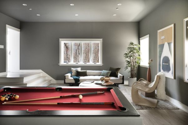 Billiard Table, Game Room, Interior, Living room, Recessed Lighting, Wood Texture Flooring