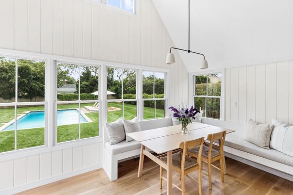 Dining room, Interior, Pendant Lights, Sun Room, Wood Texture Flooring