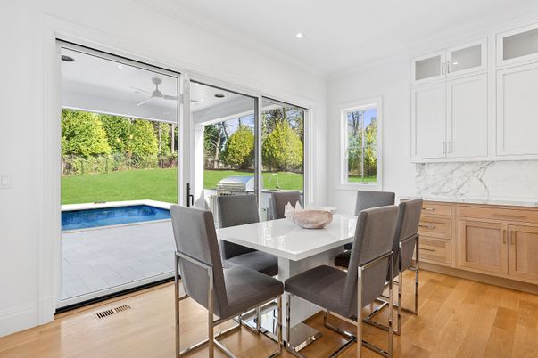 Dining room, Interior, Recessed Lighting, Wood Texture Flooring