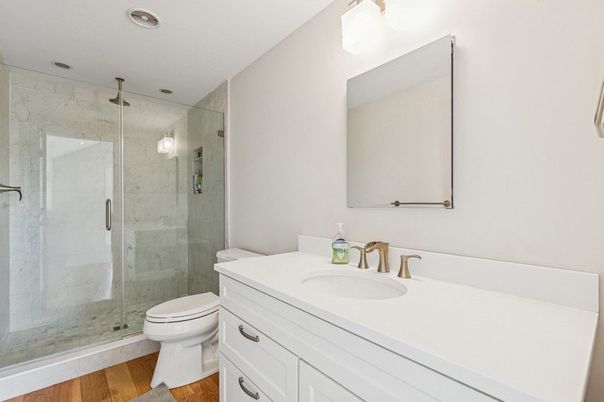 Bathroom, Glass Shower, Interior, Recessed Lighting, Wood Texture Flooring