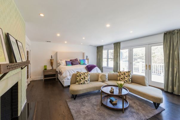Bedroom, Fireplace, Interior, Recessed Lighting, Wood Texture Flooring