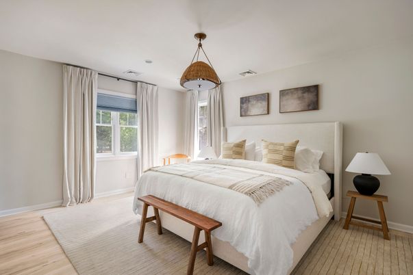 Bedroom, Interior, Pendant Lights, Wood Texture Flooring