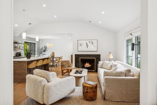 Dining room, Fireplace, Interior, Living room, Pendant Lights, Recessed Lighting, Wood Texture Flooring