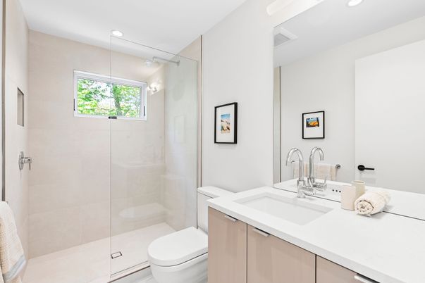 Bathroom, Glass Shower, Interior, Recessed Lighting