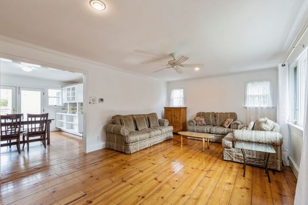 Dining room, Interior, Living room, Recessed Lighting, Wood Texture Flooring