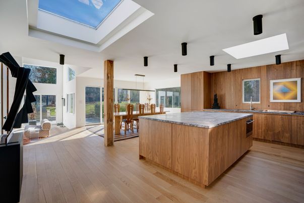 Dining room, Interior, Kitchen, Pendant Lights, Wood Texture Flooring, Wooden Walls