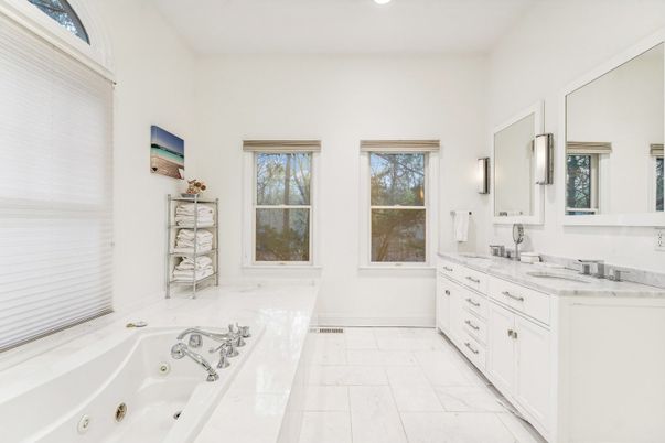 Bathroom, Dual Sink Vanities, Interior, Marble, Recessed Lighting