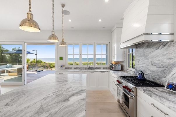 Interior, Kitchen, Marble Walls, Pendant Lights, Recessed Lighting, Water, Wood Texture Flooring