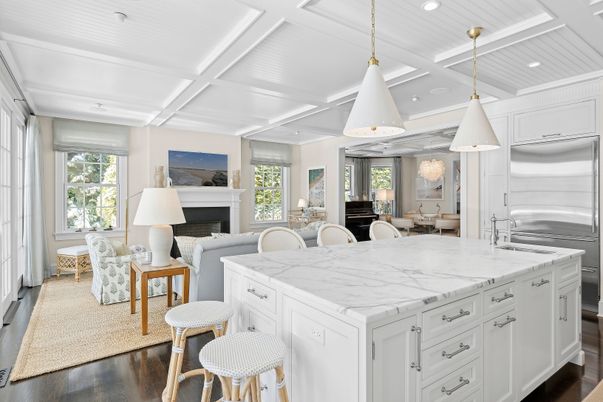 Fireplace, Interior, Kitchen, Living room, Pendant Lights, Recessed Lighting, Wood Texture Flooring