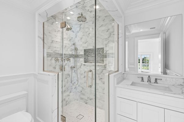 Bathroom, Glass Shower, Interior, Marble Walls, Recessed Lighting