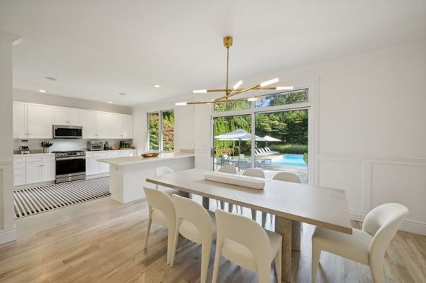 Dining room, Interior, Kitchen, Pendant Lights, Recessed Lighting, Stainless Steel Appliances, Wood Texture Flooring