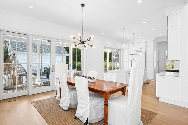 Dining room, Interior, Kitchen, Pendant Lights, Recessed Lighting, Wood Texture Flooring