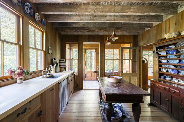 Interior, Kitchen, Pendant Lights, Wooden Beams, Wood Texture Flooring, Wooden Walls
