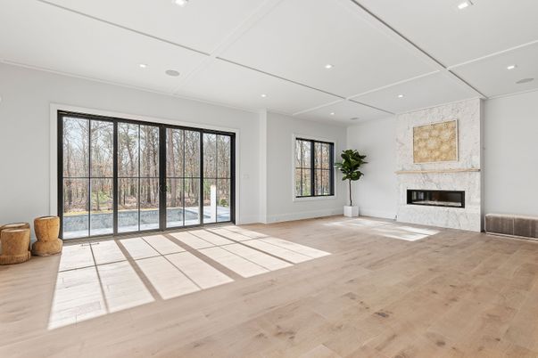 Empty room, Fireplace, Interior, Recessed Lighting, Wood Texture Flooring
