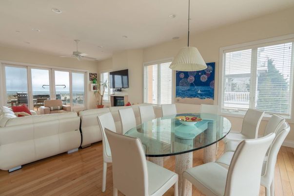 Dining room, Fireplace, Interior, Living room, Pendant Lights, Recessed Lighting, Wood Texture Flooring
