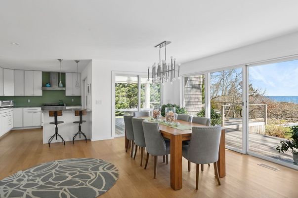 Dining room, Interior, Kitchen, Pendant Lights, Water, Wood Texture Flooring