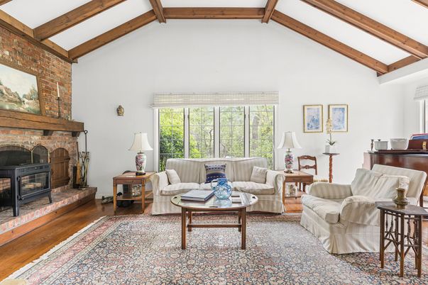 Fireplace, Interior, Living room, Piano, Stone Walls, Wooden Beams, Wood Texture Flooring