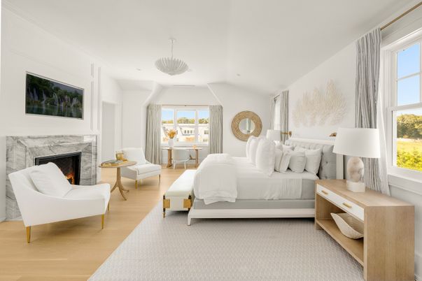 Bedroom, Chandelier, Fireplace, Interior, Wood Texture Flooring