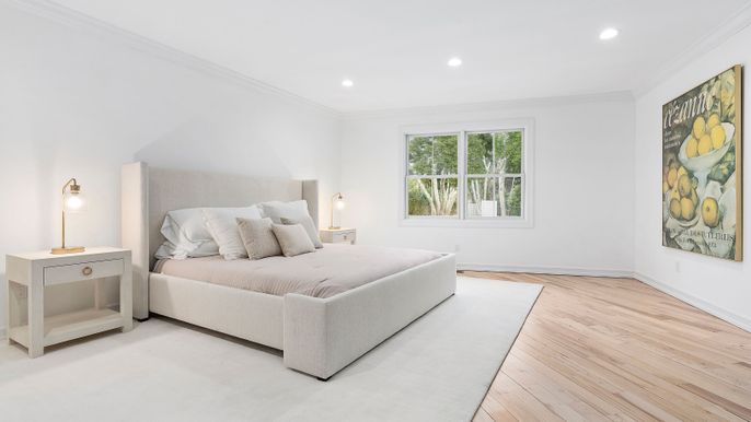 Bedroom, Interior, Recessed Lighting, Wood Texture Flooring