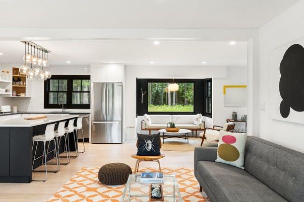 Interior, Kitchen, Living room, Pendant Lights, Recessed Lighting, Stainless Steel Appliances, Wood Texture Flooring