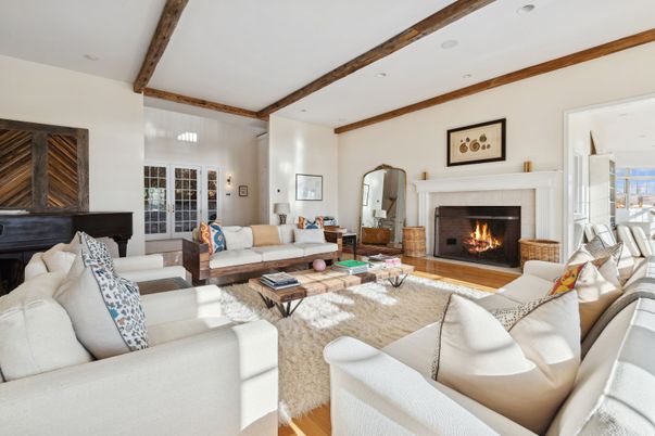 Fireplace, Interior, Living room, Recessed Lighting, Wooden Beams