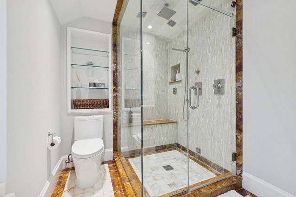 Bathroom, Glass Shower, Interior, Recessed Lighting, Wood Texture Flooring