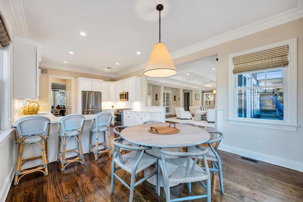 Dining room, Interior, Kitchen, Pendant Lights, Recessed Lighting, Stainless Steel Appliances, Wood Texture Flooring