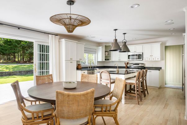 Dining room, Interior, Kitchen, Pendant Lights, Recessed Lighting, Stainless Steel Appliances, Wood Texture Flooring