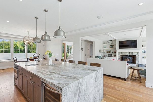 Dining room, Fireplace, Interior, Kitchen, Living room, Pendant Lights, Recessed Lighting, Wood Texture Flooring