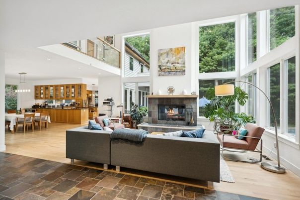 Dining room, Fireplace, Interior, Living room, Pendant Lights, Recessed Lighting, Wood Texture Flooring